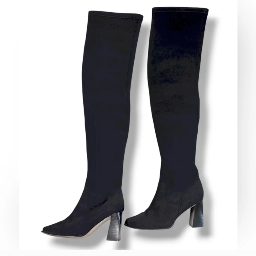 PAZZO Black Stretch Fabric Over the Knee Block Heel Boots